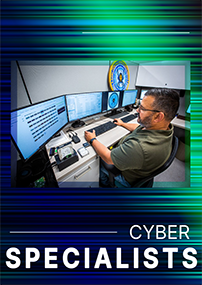 NCIS male Cyber Specialist working at a computer with NCIS imagery and logos.